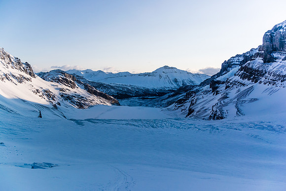 Looking back at the Athabasca Glacier from the ramp with the seracs on the upper L, Nigel Peak in the center