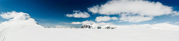 A panorama of Columbia, the Twins and Kitchener / Snow Dome (R) as we approach on a gorgeous afternoon.