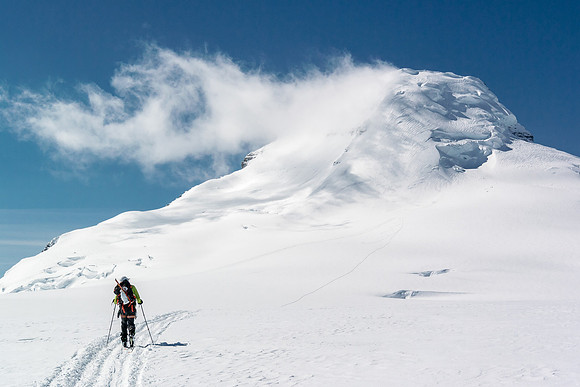 You don't want a whiteout on Mount Columbia's lofty summit if you can help it. Note the crevasses to the right of our track.