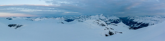 A final panorama as we exit the SE face of Mount Columbia, looking over the icefields to Andromeda at distance left and Bryce at center right.