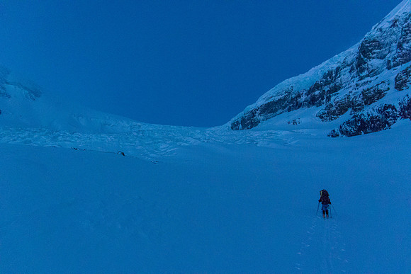 Approaching the lower icefall on the Athabasca Glacier approach to the Columbia Icefield in early morning light.