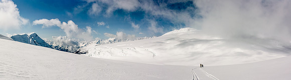 Skiing down the trench.
