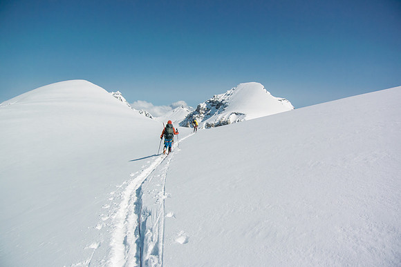 Skiing towards the avy traverse.
