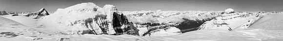 Summit pano from Stutfield Peak looking towards Columbia, South Twin, North Twin, Twins Tower, Clemenceau and Mount Alberta (R).
