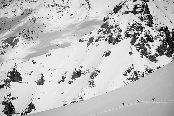 The boys ski up Stutfield NE behind me.