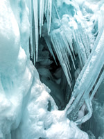 Huge ice chunks are right above Anton and will injure him seriously if he's not careful (photo by Anton Baser)