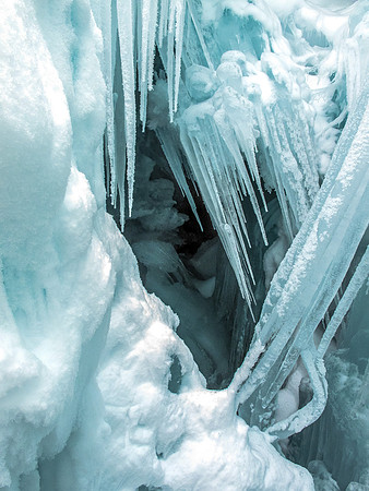 Huge ice chunks are right above Anton and will injure him seriously if he's not careful (photo by Anton Baser)