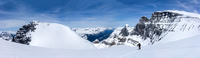 Skiing up the north ridge on South Twin. West Twin on the left and Alberta, Twins Tower and North Twin on the right.