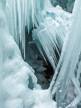 Huge ice chunks are right above Anton and will injure him seriously if he's not careful (photo by Anton Baser)