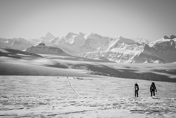 Skiing towards the CSMC camp from ours. Note how small Castleguard looks?! (Lower left).