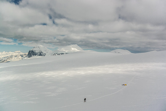 We passed another camp just before the one steep climb on the way out. Here I'm looking back over it as Kev skins up.