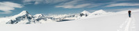 Trudging our way across the endless ocean of white. The Twins are at least visible now but still hours and hours of skiing before we get to camp.