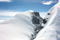 Off the face and looking along the summit ridge over at South Twin. You can spot the rocks we skied to on South Twin and the ice bulge where the crevasse incident happened.