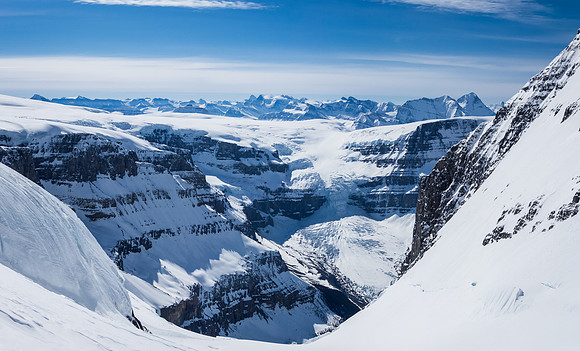 Looking across South Twin's east face towards the Columbia Glacier plunging into Columbia Lake at the far side of the trench.