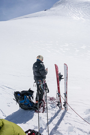 Waiting back at the skis for the other group to break trail to South Twin.