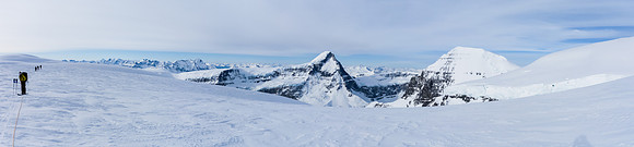 Looking back at the team and our camp (5km back) as we approach North Twin (on the right).