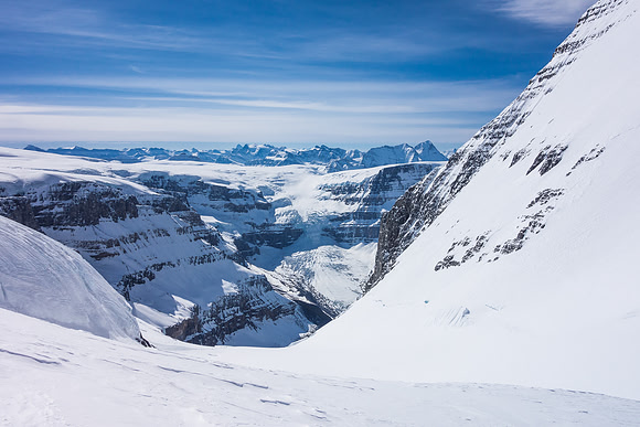 Looking across South Twin's east face towards the Columbia Glacier plunging into Columbia Lake at the far side of the trench.