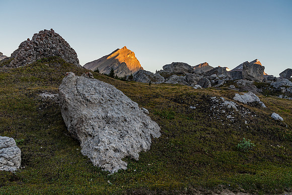 Crossing a boulder field on route to Deluc Mountain.