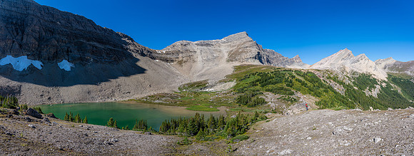 The lower bivy lake with our access col at upper center.