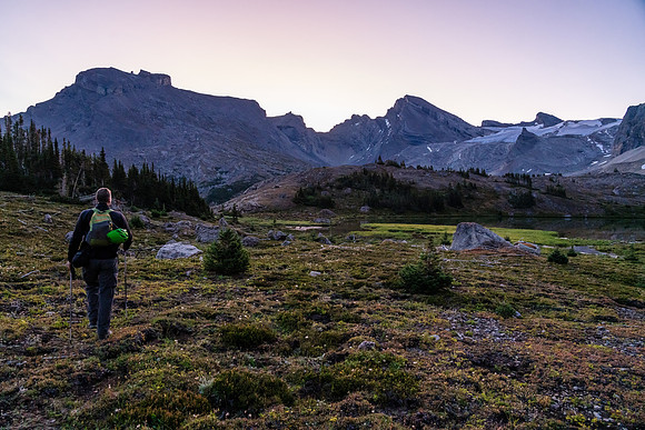 Leaving camp for Deluc. Note the glacier at distant right.