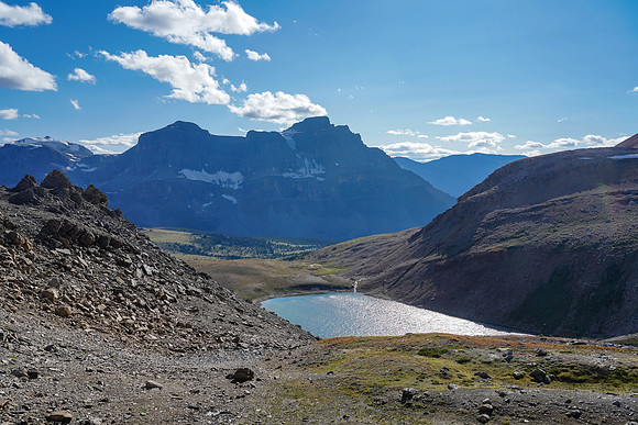 Views back over the tarn towards Noseeum Mountain. Note how high we are now!