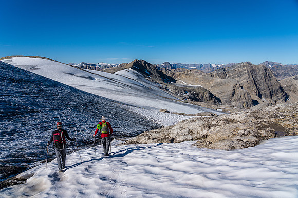 Descending the easy Deluc Glacier back to the lower bivy lake.