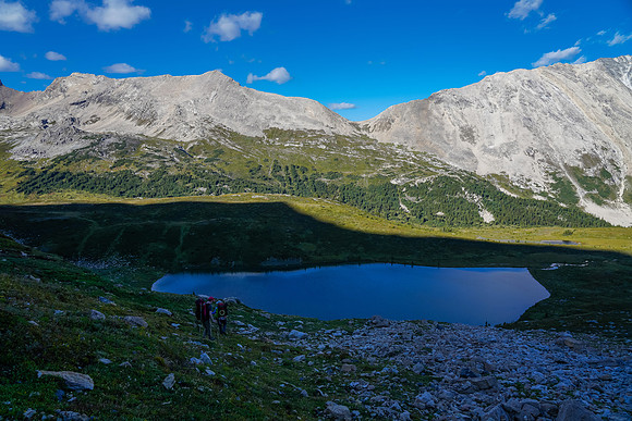 Views over the small lake towards our second pass / col in the distance.