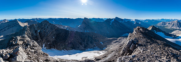 Panorama to Middle Brother (L), Cataract and Little Brother (R) with the Three Brothers Glacier.
