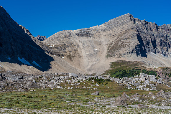 The col we used to access the bivy lakes at left just out of shadow.