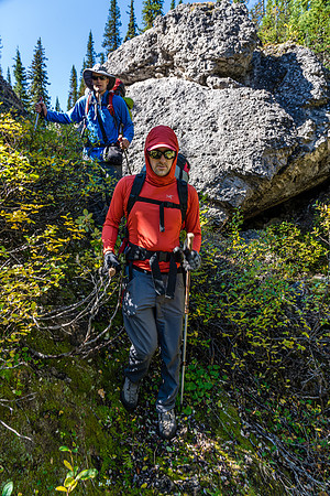 Descending into the valley north of our Deluc bivy site.