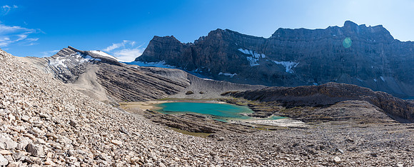 Views back to our bivy lake from the lower SW face of Dip Slope.