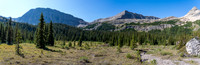 Views back up valley to our descent route from the Deluc bivy lakes.