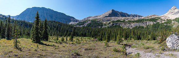 Views back up valley to our descent route from the Deluc bivy lakes.