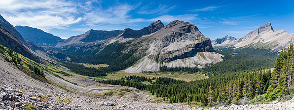 Views back down our approach to the north shoulder. South Tower at right.