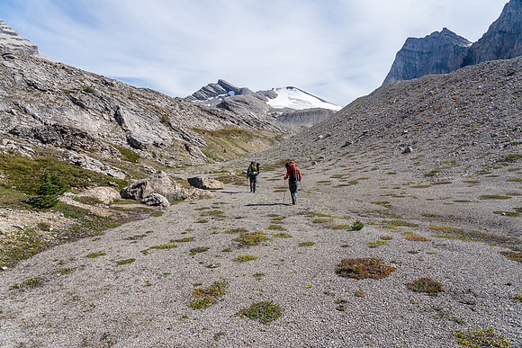 Hiking a moonscape to the 2nd lake and our bivy under the SE face of Dip Slope Mountain.