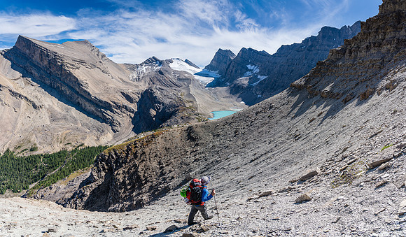 On the traverse - it's much steeper and more exposed than this photo shows. Note the lake showing...