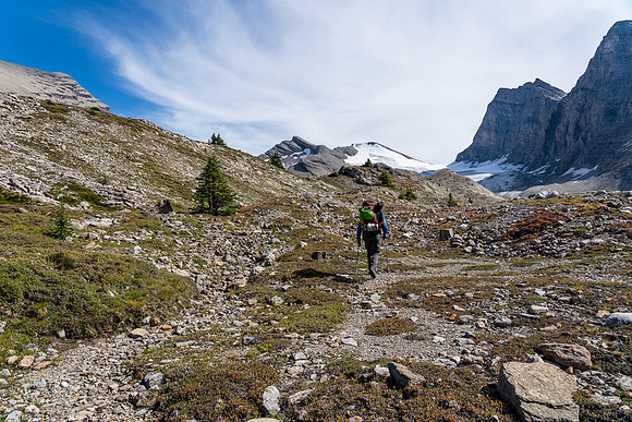 Hiking a moonscape to the 2nd lake and our bivy under the SE face of Dip Slope Mountain.