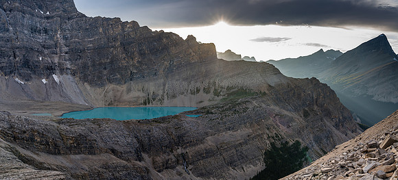 Late evening views from the SE face of Dip Slope to the wonderful upper lake and South Tower Peak at right.