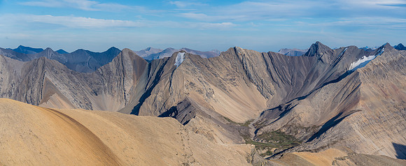 The lovely and lonely Roaring Creek peaks with Snort and Bleat Peak at right, both around 3100m high.