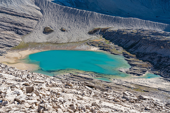 Views back to our bivy lake from the SW face of Dip Slope.