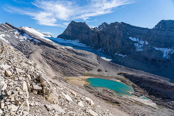 Views back to our bivy lake from the SW face of Dip Slope.