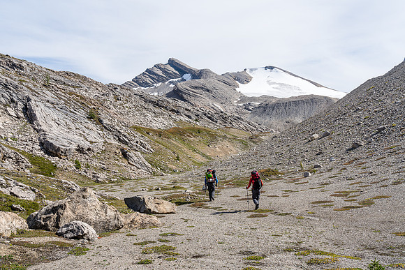 Hiking a moonscape to the 2nd lake and our bivy under the SE face of Dip Slope Mountain.