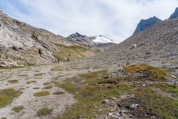 Hiking a moonscape to the 2nd lake and our bivy under the SE face of Dip Slope Mountain.
