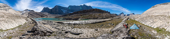 Dip Slope at right with our perfect bivy location and the 2nd lake at left.