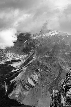 The imposing Cataract Peak in clouds.
