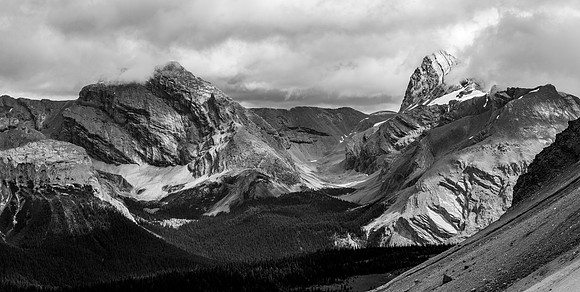 "Little" Cataract and Cataract Peak (R) loom over the Pipestone River Valley.