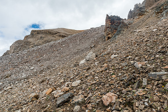 Looking back up the scree / rock slopes leading to the summit. Not as horrible as it looks.