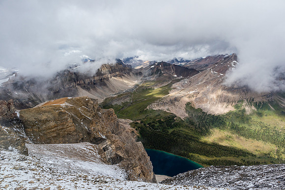 Part of the upper Fish Lakes with NMP, The Fang and Molarstone in the bg.