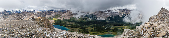 Upper (L) and Lower (C) Fish Lakes from the west summit ridge.
