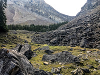 Our goat traverse at upper right as we descend into the valley.